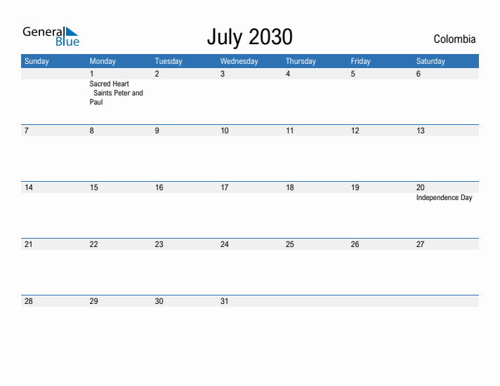 Fillable July 2030 Calendar