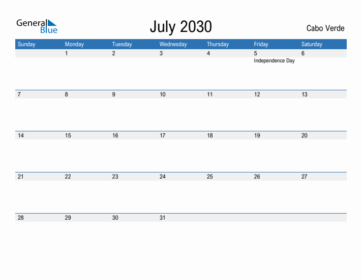 Fillable July 2030 Calendar