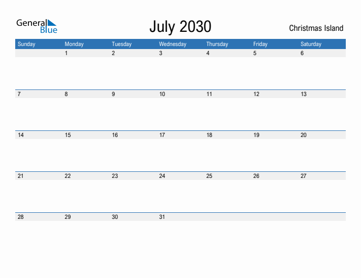 Fillable July 2030 Calendar