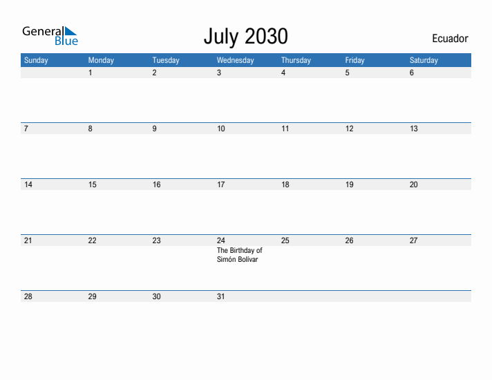 Fillable July 2030 Calendar