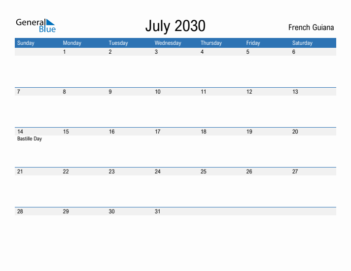 Fillable July 2030 Calendar