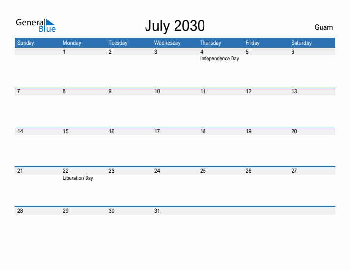 Fillable July 2030 Calendar