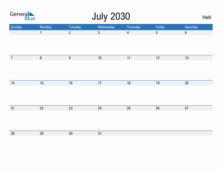 Fillable July 2030 Calendar