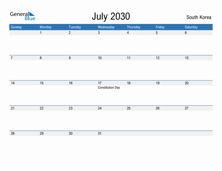 Fillable July 2030 Calendar