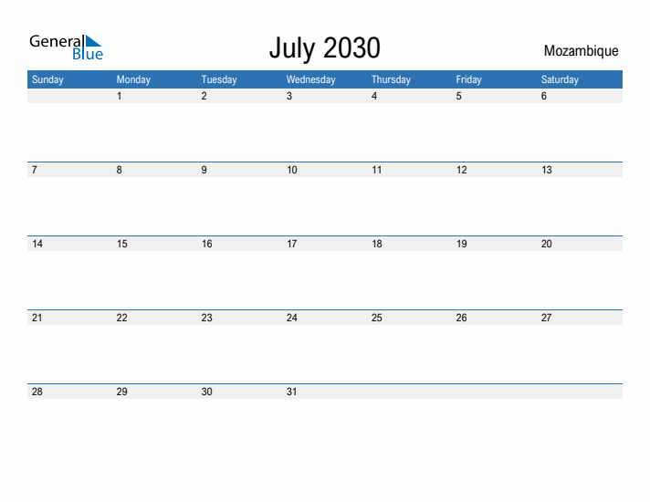 Fillable July 2030 Calendar