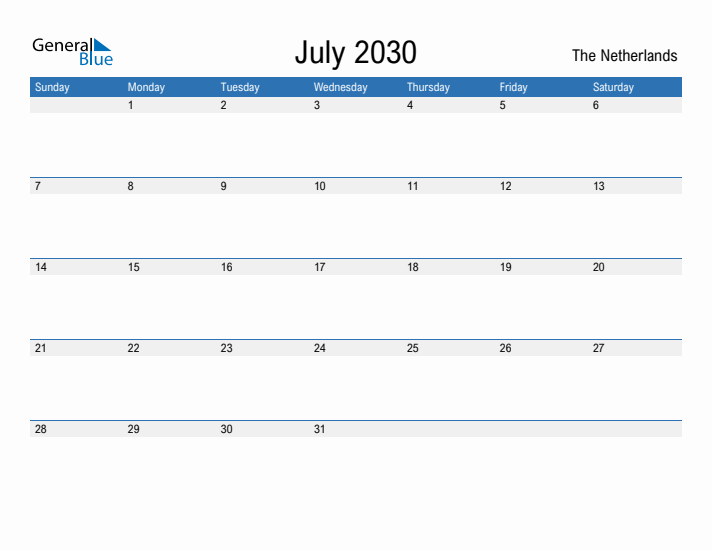 Fillable July 2030 Calendar