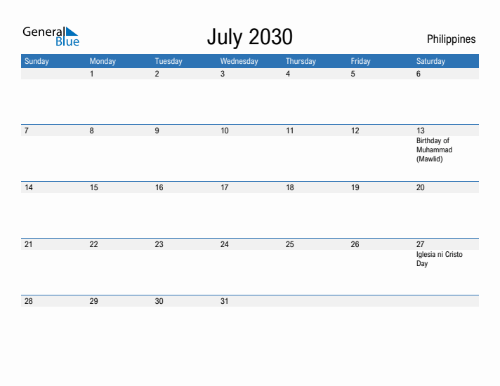 Fillable July 2030 Calendar