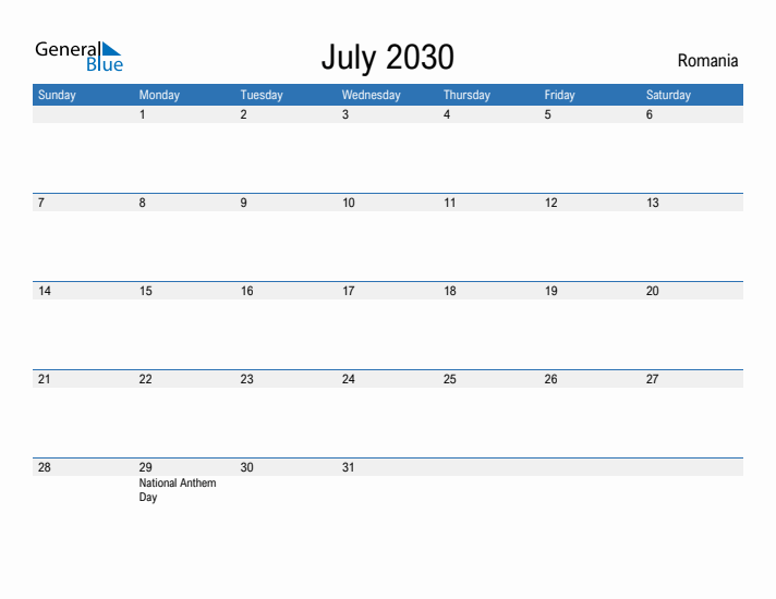 Fillable July 2030 Calendar