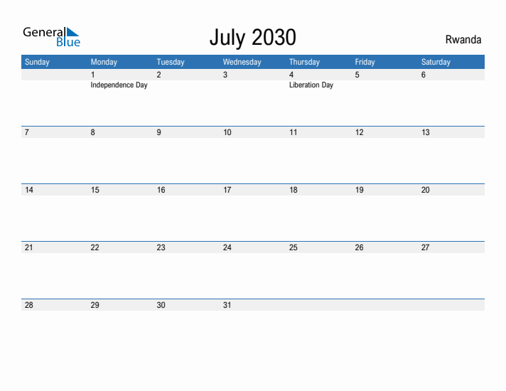 Fillable July 2030 Calendar