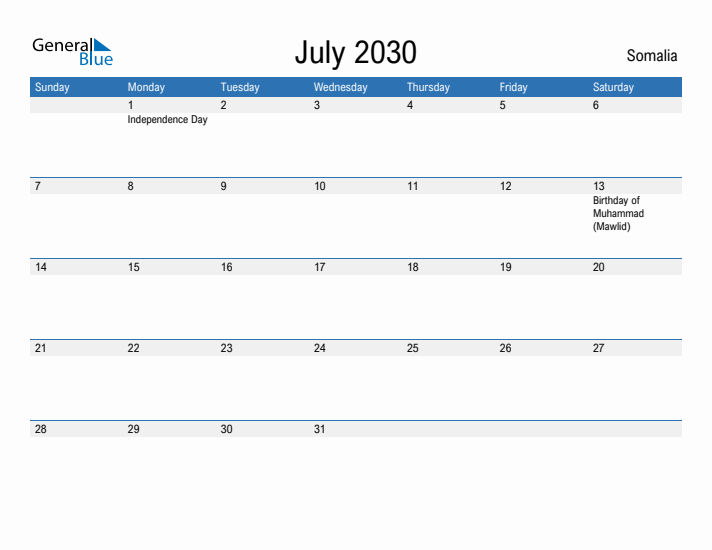 Fillable July 2030 Calendar