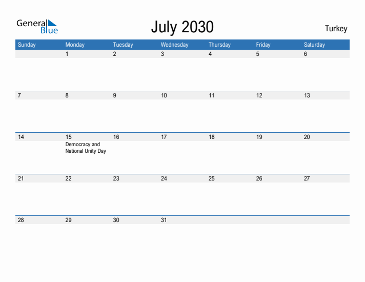 Fillable July 2030 Calendar