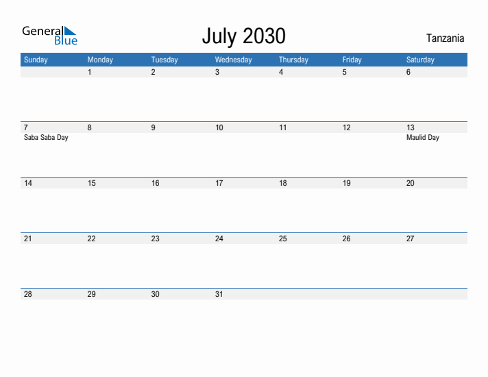 Fillable July 2030 Calendar