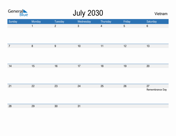 Fillable July 2030 Calendar