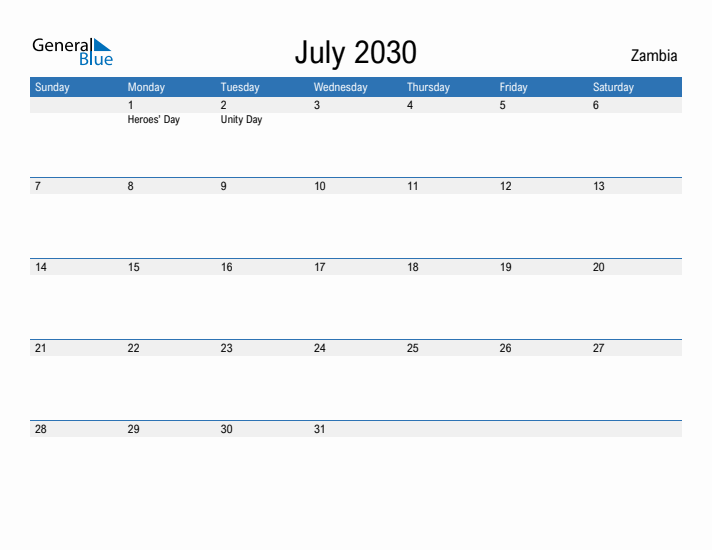 Fillable July 2030 Calendar