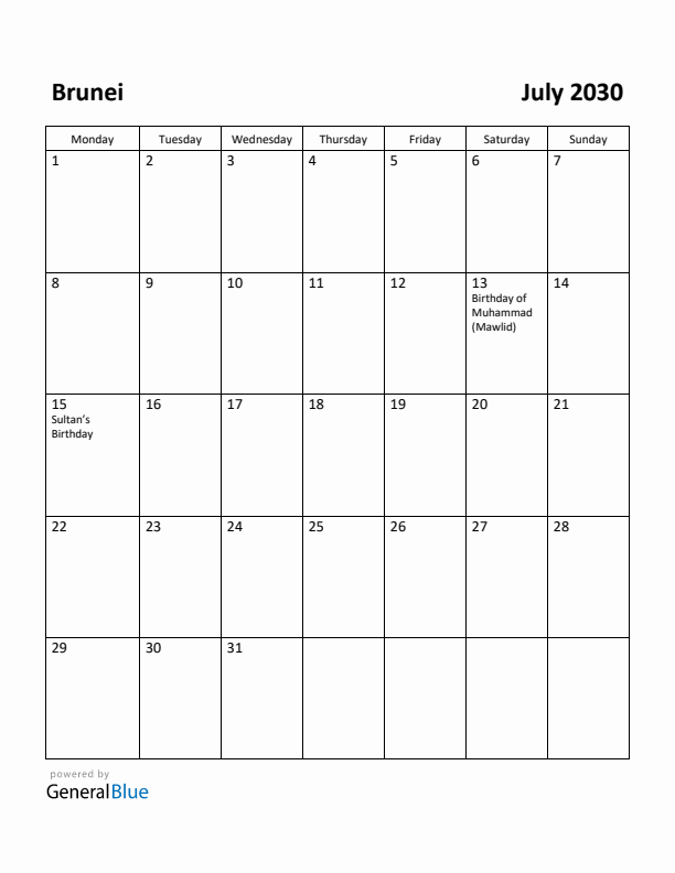 July 2030 Calendar with Brunei Holidays