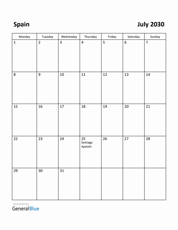 July 2030 Calendar with Spain Holidays