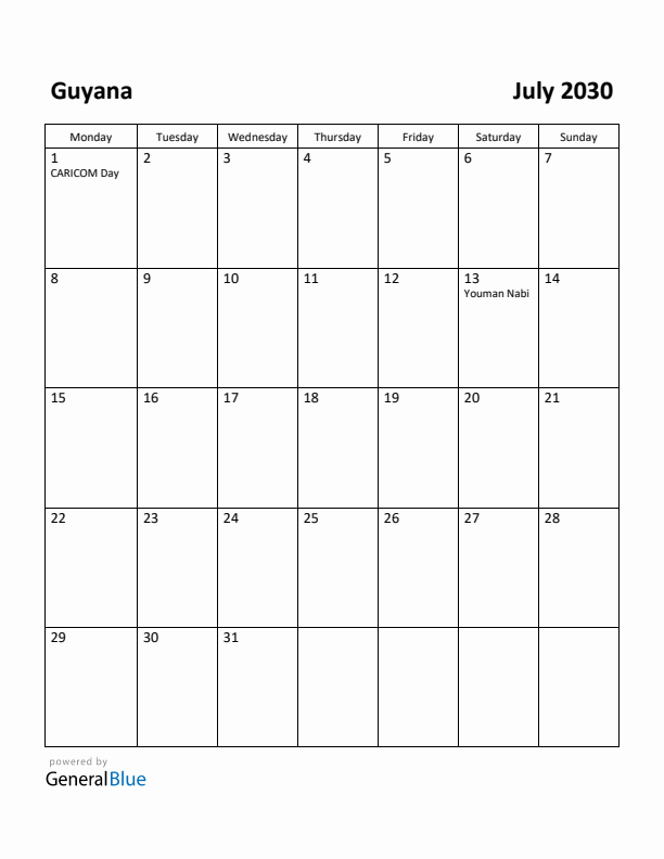 July 2030 Calendar with Guyana Holidays