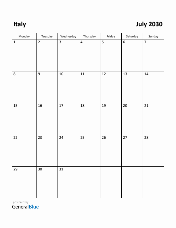 July 2030 Calendar with Italy Holidays