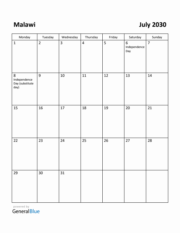 July 2030 Calendar with Malawi Holidays