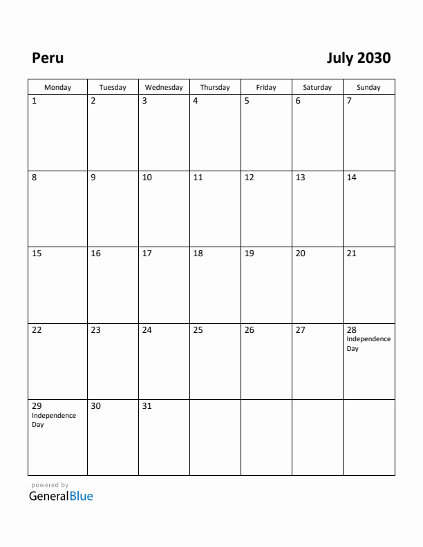 July 2030 Calendar with Peru Holidays