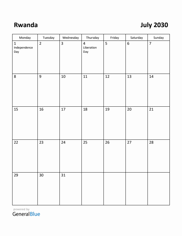 July 2030 Calendar with Rwanda Holidays