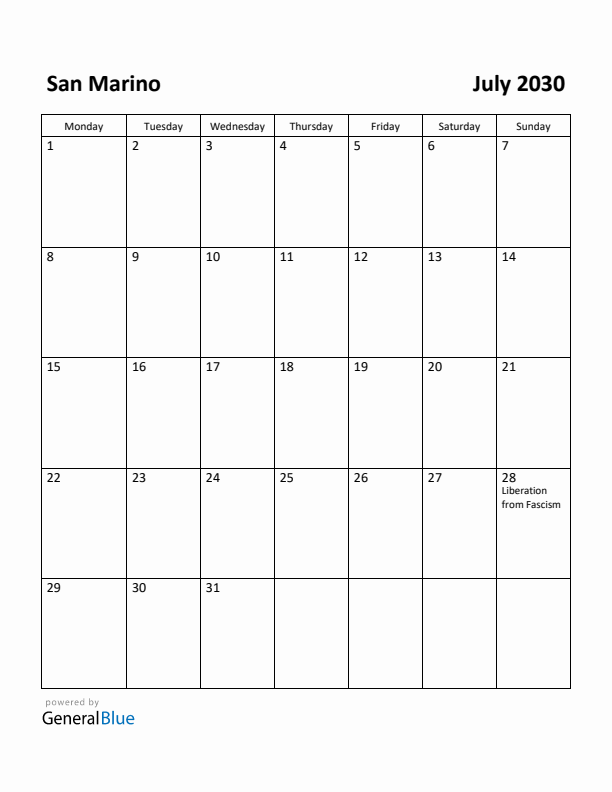 July 2030 Calendar with San Marino Holidays