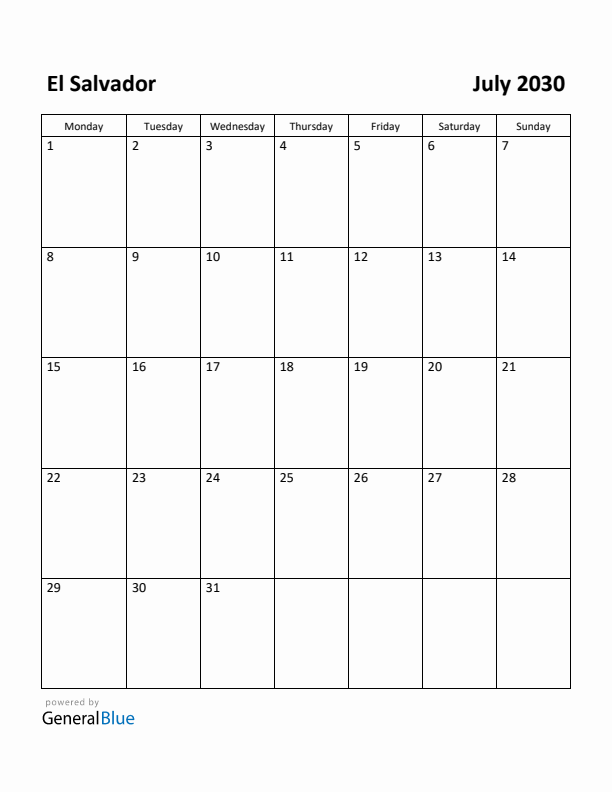 July 2030 Calendar with El Salvador Holidays