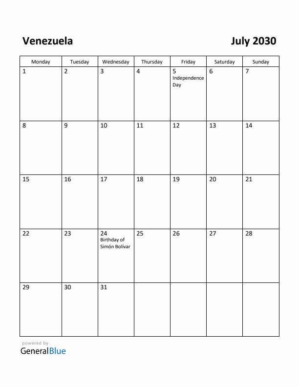 July 2030 Calendar with Venezuela Holidays