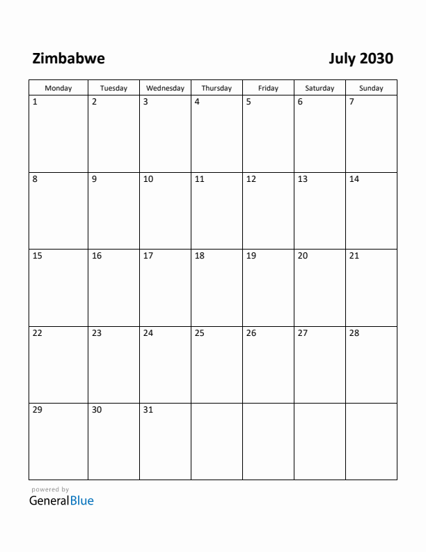 July 2030 Calendar with Zimbabwe Holidays