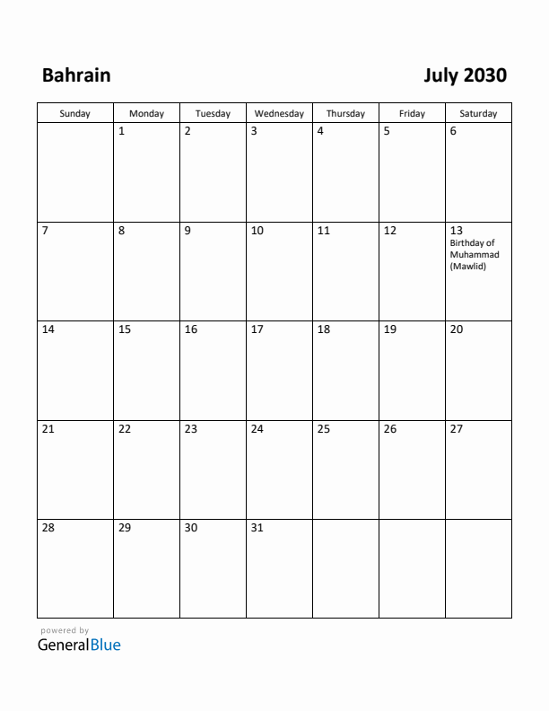 July 2030 Calendar with Bahrain Holidays