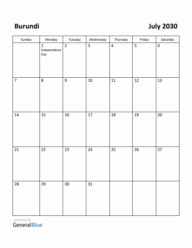 July 2030 Calendar with Burundi Holidays