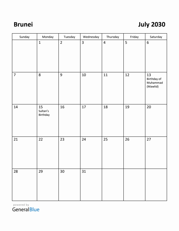 July 2030 Calendar with Brunei Holidays