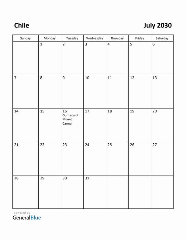 July 2030 Calendar with Chile Holidays