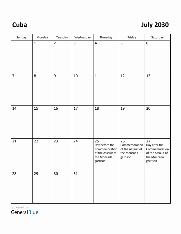 July 2030 Calendar with Cuba Holidays