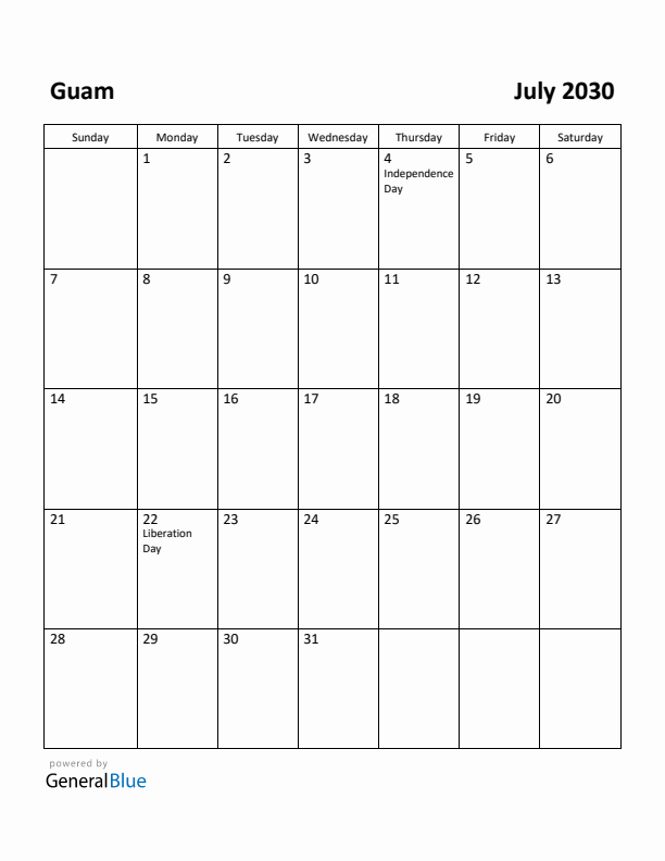 July 2030 Calendar with Guam Holidays