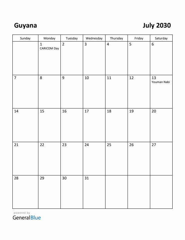 July 2030 Calendar with Guyana Holidays