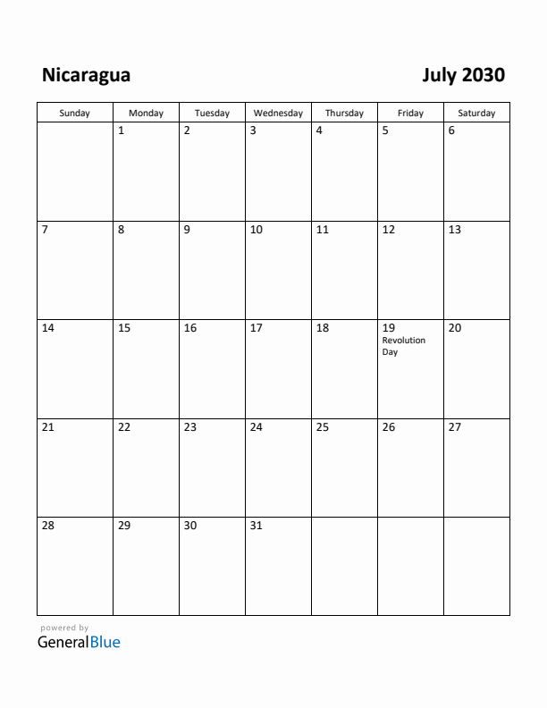 July 2030 Calendar with Nicaragua Holidays