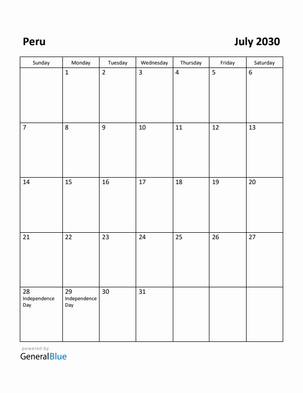 July 2030 Calendar with Peru Holidays