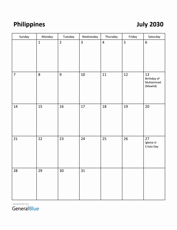 July 2030 Calendar with Philippines Holidays