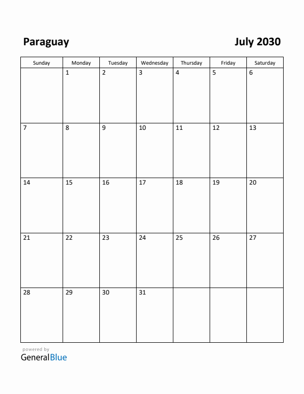 July 2030 Calendar with Paraguay Holidays