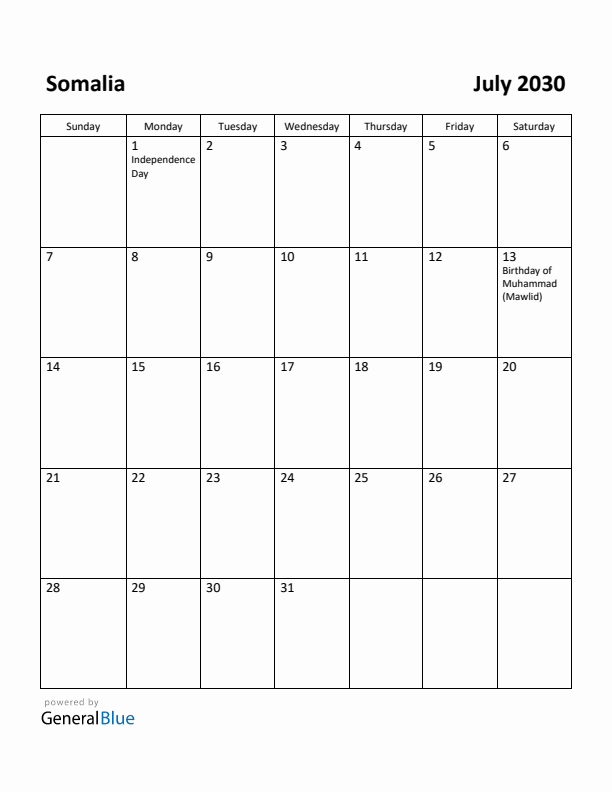 July 2030 Calendar with Somalia Holidays