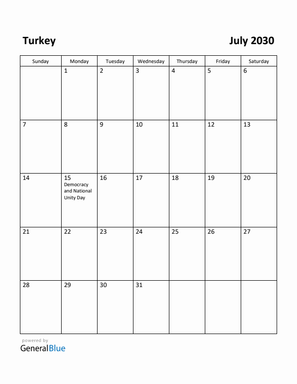 July 2030 Calendar with Turkey Holidays