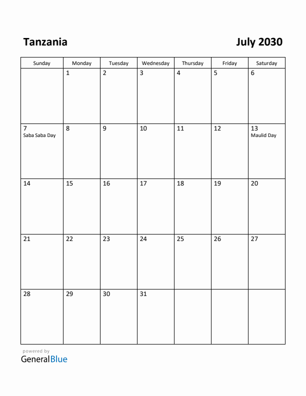 July 2030 Calendar with Tanzania Holidays