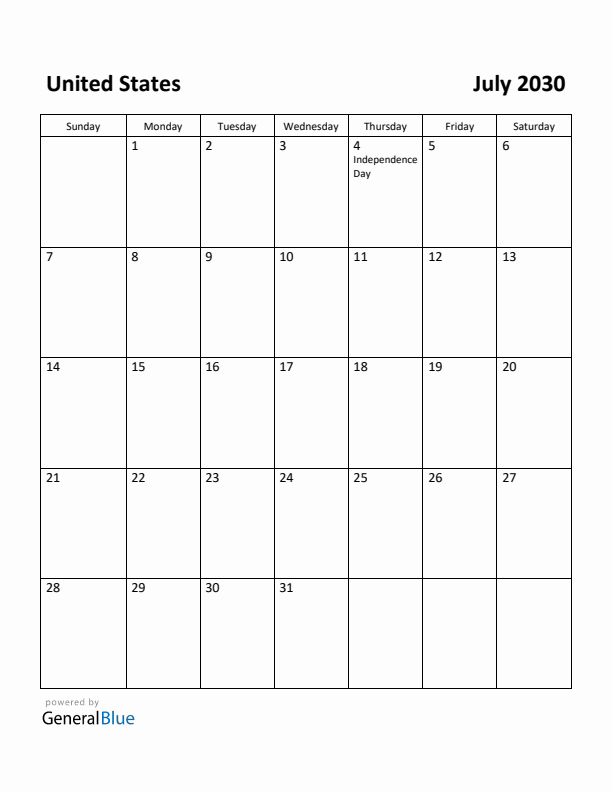 July 2030 Calendar with United States Holidays