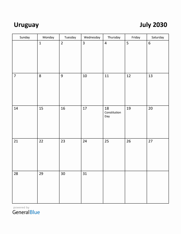 July 2030 Calendar with Uruguay Holidays