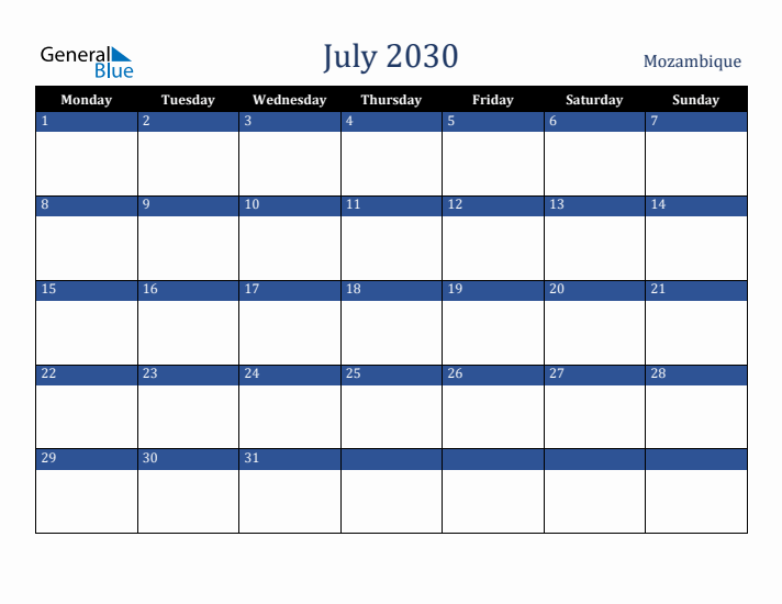 July 2030 Mozambique Calendar (Monday Start)