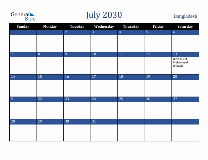 July 2030 Bangladesh Calendar (Sunday Start)