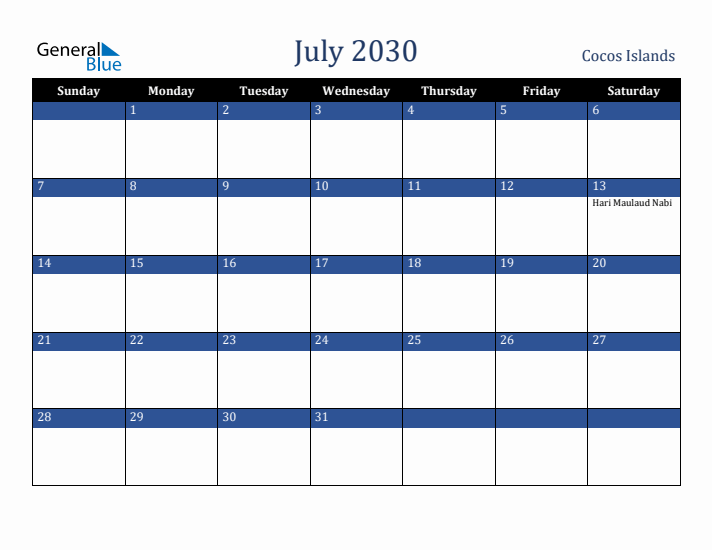 July 2030 Cocos Islands Calendar (Sunday Start)