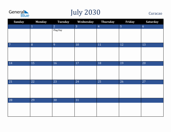 July 2030 Curacao Calendar (Sunday Start)