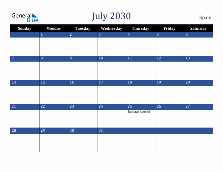 July 2030 Spain Calendar (Sunday Start)